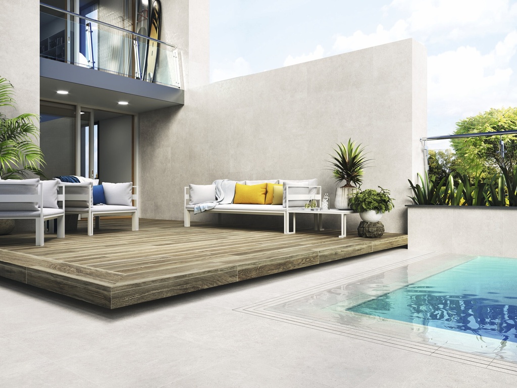PORCELAIN ROUNDED POOL OVERFLOW TILES 24.5 X 24.5 WABI BIANCO