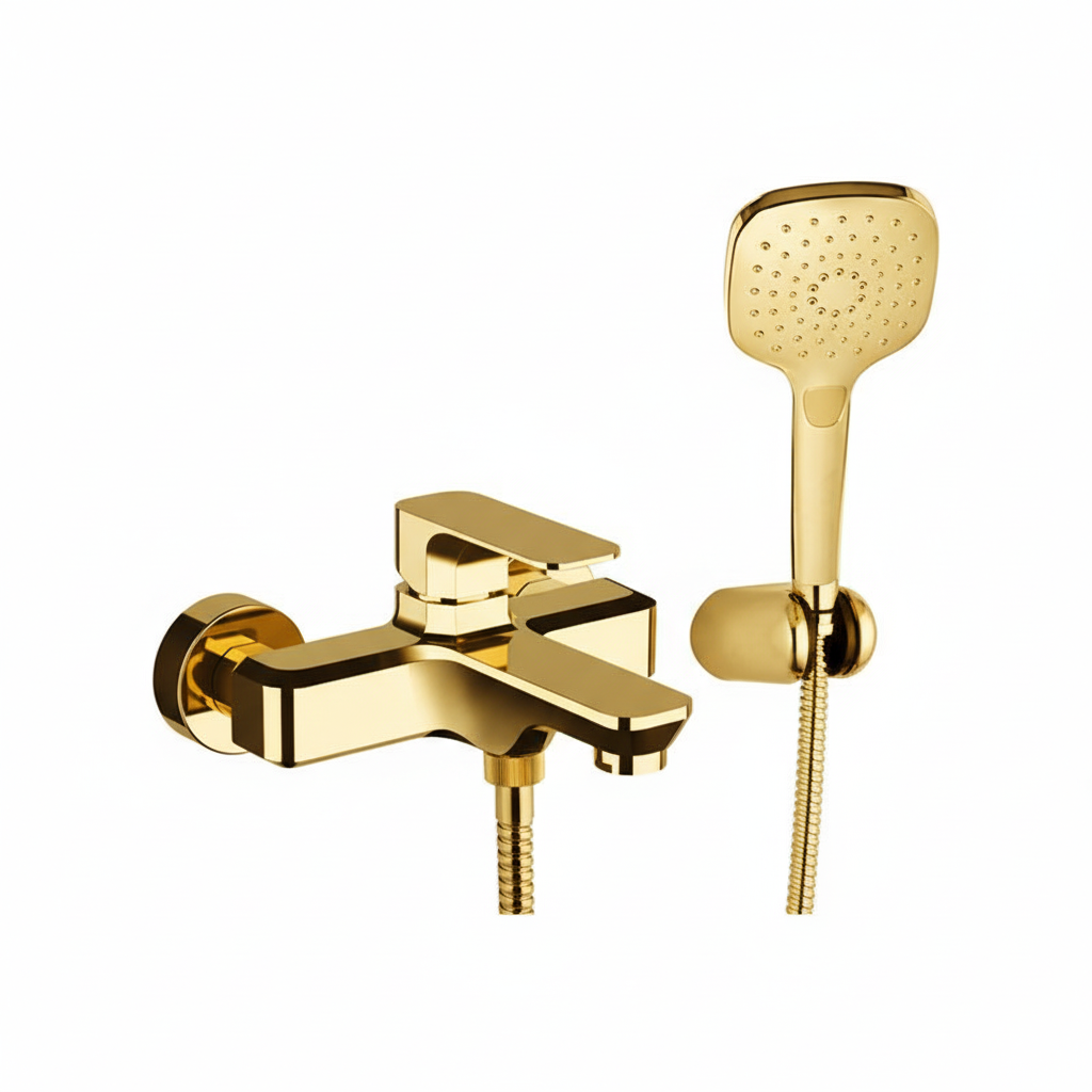 TIARA EXPOSED BATH MIXER WITH DIVERTER AND SHOWER KIT FLEXIBLE GOLD NO TA610DO