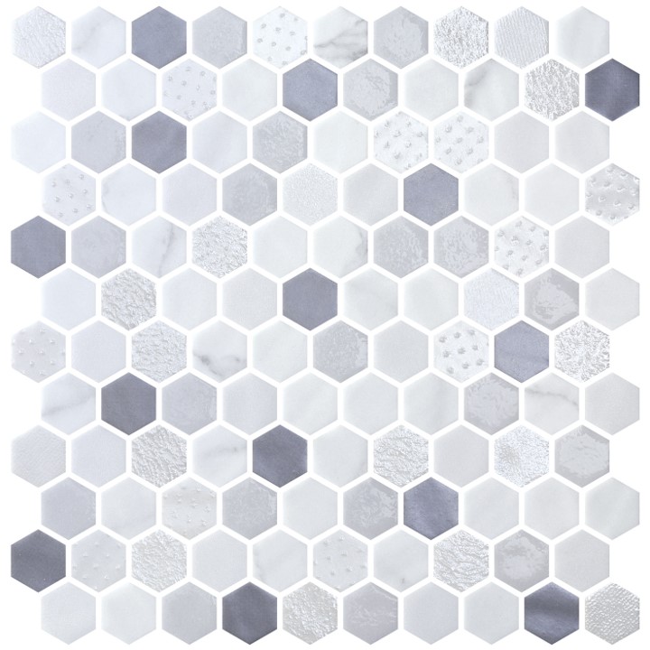 MOSAIC HEXAGON SHEET 1.25 INCH 28.4 X 28.6 BLEND FOSCO SILVER